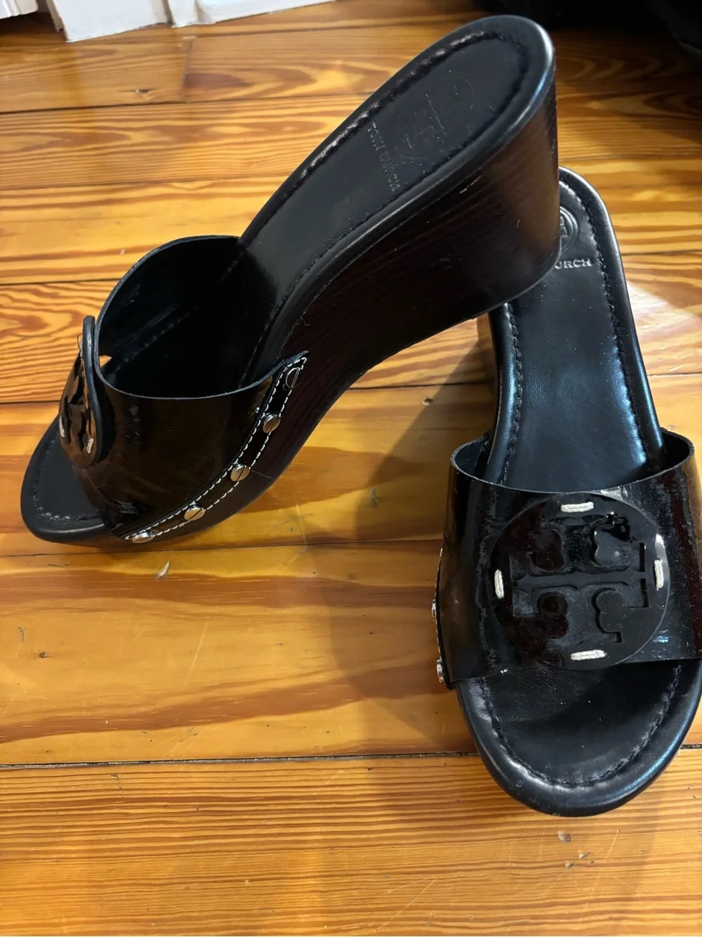 Tory Burch Black Patent Logo Wedge Slides